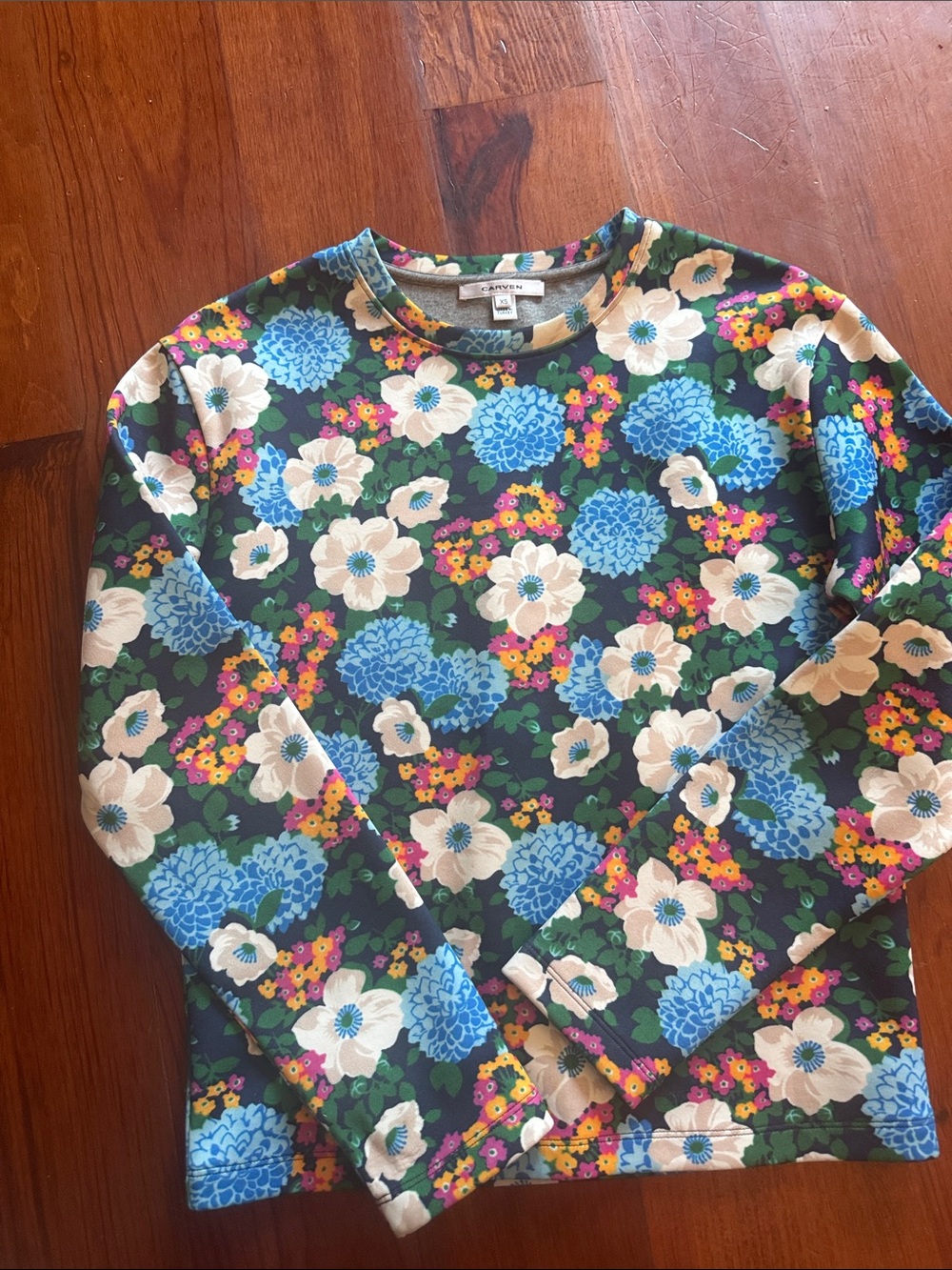Carven Dark Green Floral Crewneck Blouse with Blue, Cream and Pink Accents